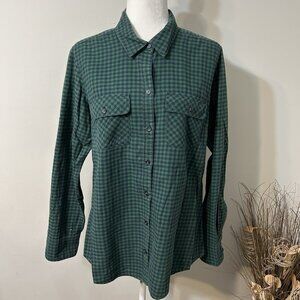 Eddie Bauer Women Button Up Flannel Shirt Checkered Green Blue Cotton Sz XL Flaw
